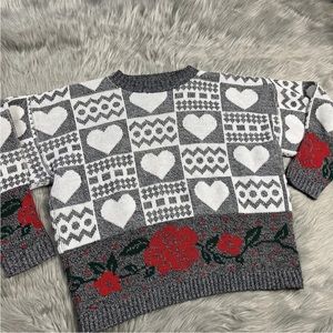 Vintage 80s Girls Heart Floral Knit Sweater